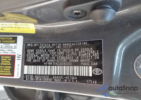 2018 Toyota Avalon Xle из США, поврежденный, VIN 4T1BK1EB2JU283252